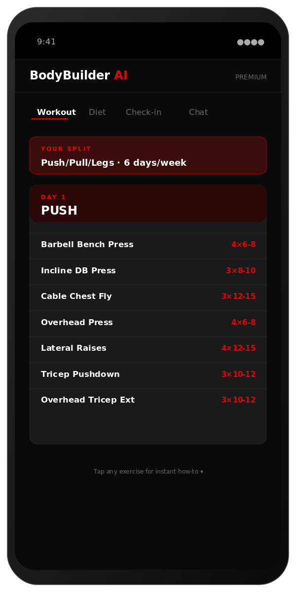 Workout tab — your custom split with sets, reps, RIR